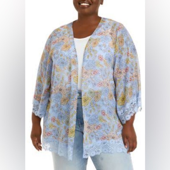 Belle Du Jour Blue Floral Lace Detail Sheer Kimono Size 2X - Picture 4 of 10